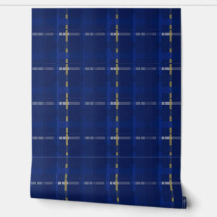 plaid in blue on blues, gold, & silver wallpaper