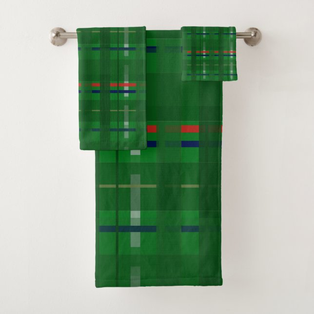 plaid in greens on green, red, blue, gold &silver bath towel set (Insitu)