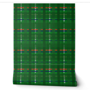 plaid in greens on green, red, blue, gold &silver wallpaper
