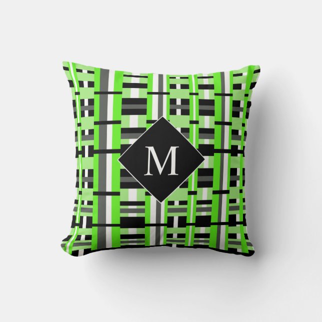 Plaid in Lime Green, Black & Grey Monogram Cushion (Front)