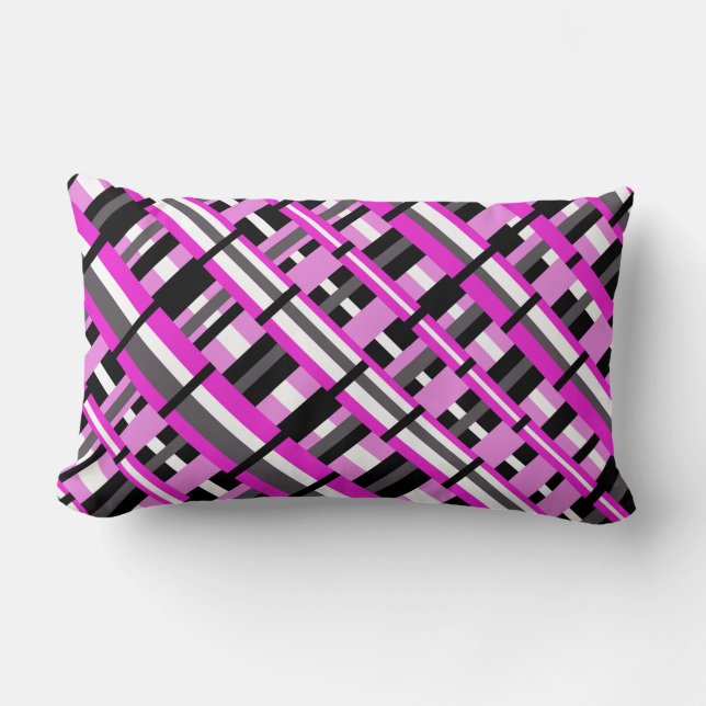 Plaid in Pink, Black & Grey Diagonal Lumbar Cushion (Front)
