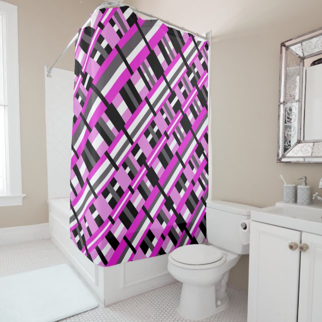 Plaid in Pink, Black & Grey Diagonal  Shower Curtain (In Situ)