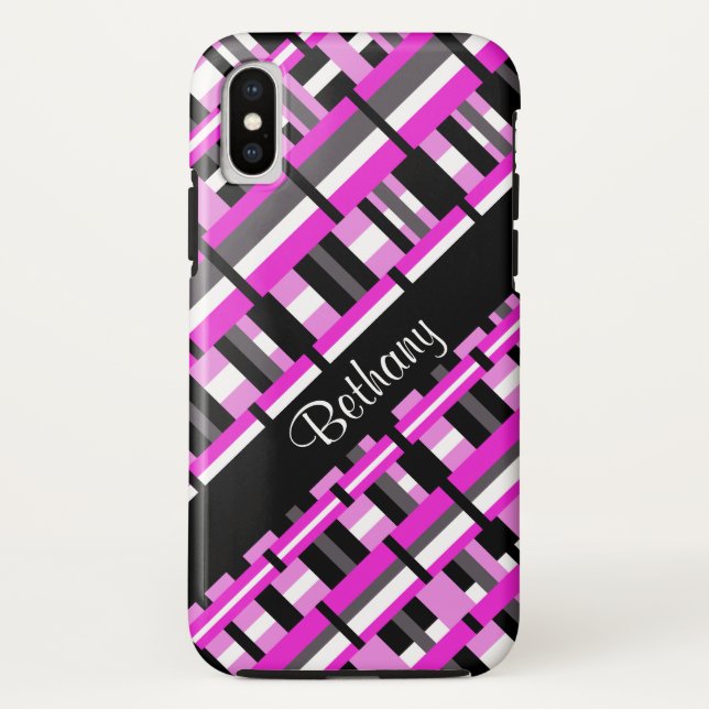 Plaid in Pink, Black & Grey Personalise Name Case-Mate iPhone Case (Back)