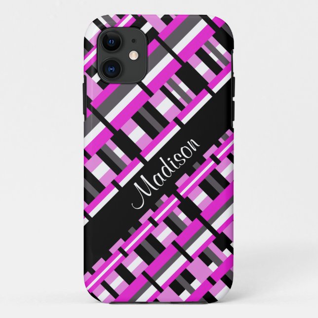 Plaid in Pink, Black & Grey Personalise Name Case-Mate iPhone Case (Back)