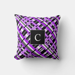 Plaid in Purple, Black & Grey Diagonal Monogram Cushion