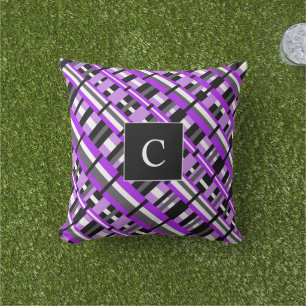 Plaid in Purple, Black & Grey Diagonal Monogram Outdoor Cushion