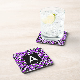 Plaid in Purple, Black & Grey Monogram Coaster