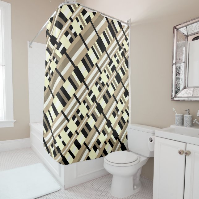 Plaid in Taupe, Tan, Black, White Modern Diagonal Shower Curtain (In Situ)