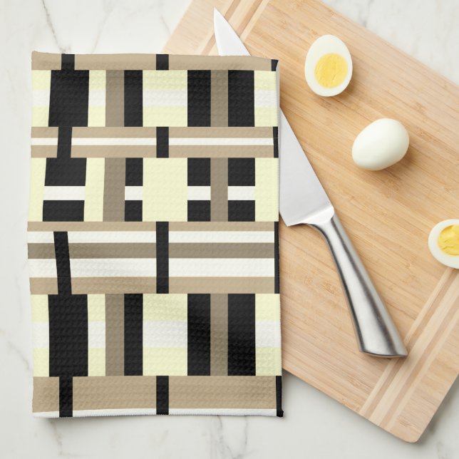 Plaid in Taupe, Tan, Black, White Modern Tea Towel (Quarter Fold)