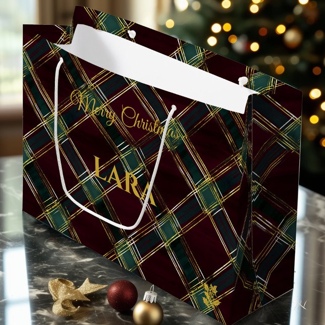 Plaid-Inspired Burgundy and Green Christmas Custom Large Gift Bag (Creator Uploaded)