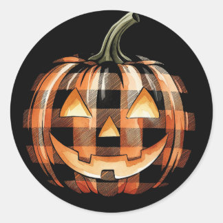 Plaid Jack-O'-Lantern Pumpkin Halloween Classic Round Sticker