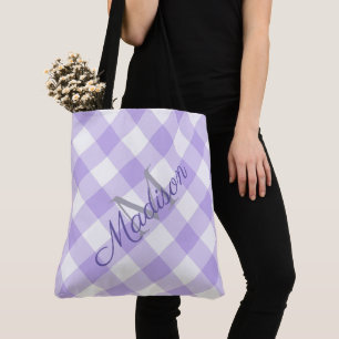 Plaid Lavender Purple Cute Girly Name Monogram Tote Bag