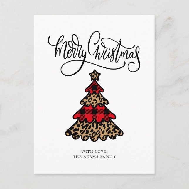 Plaid & Leopard Print Christmas Tree Holiday Postcard (Front)