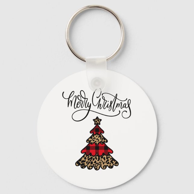 Plaid & Leopard Print Christmas Tree Key Ring (Front)