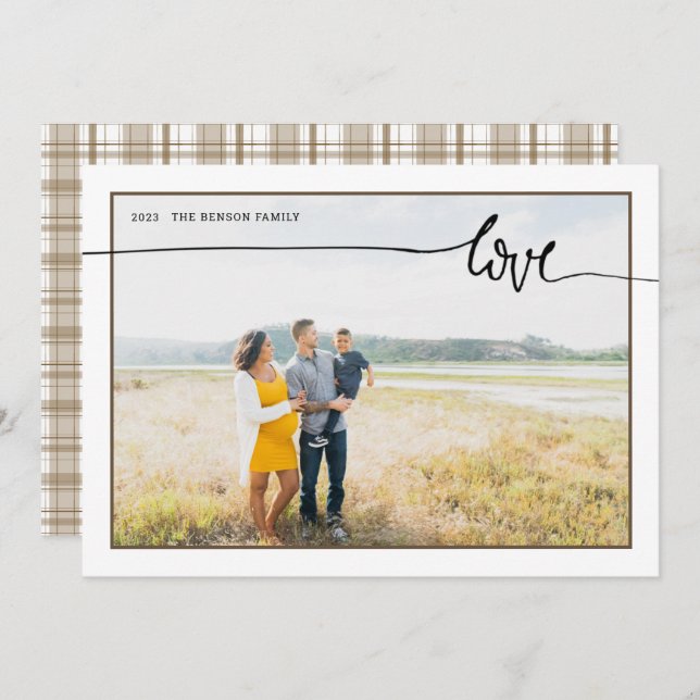 Plaid LOVE Minimal Script Brown Holiday Card (Front/Back)