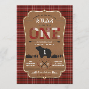 Plaid Lumberjack First Birthday Party Invitations
