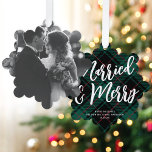 Plaid Married & Merry Script Big Photo Christmas<br><div class="desc">These festive paper ornament cards feature a large single photo on the front of the card. On the back is a cosy green and black plaid background, a large EDITABLE script greeting in white, and your text in a classic serif font. These ornaments make a fabulous holiday card that will...</div>