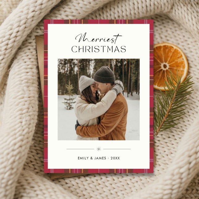 Plaid Merriest Christmas Couple Photo Ivory Holiday Card (Creator Uploaded)
