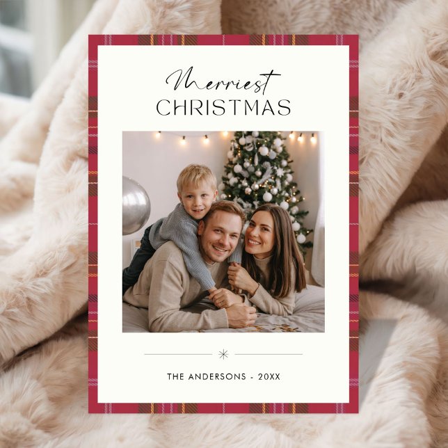 Plaid Merriest Christmas Simple Family Photo Ivory Holiday Card (Creator Uploaded)