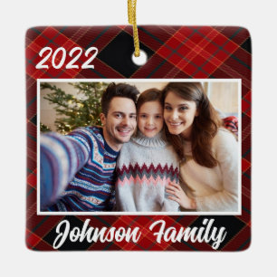 Plaid Merry & Bright Family Photo Personalised Ceramic Ornament