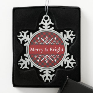 Plaid Merry & Bright snowflake  Pewter Christmas Ornament