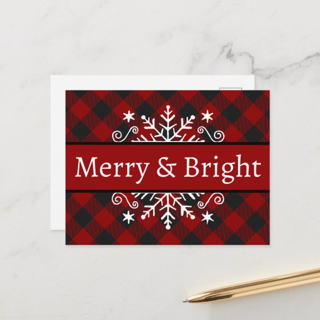 Plaid Merry & Bright snowflake Postcard (Front/Back In Situ)