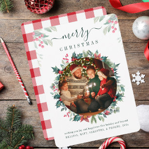 Plaid Merry Christmas Family Photo Botanical Holiday Card