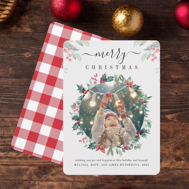 Plaid Merry Christmas Family Photo Mistletoe Card (Rustic Red White Gingham Photo Christmas Greetings Red Berries Card)