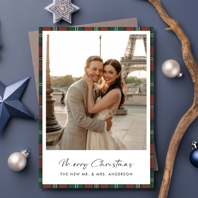 Plaid Merry Christmas Newlywed Photo Holiday Card (Creator Uploaded)
