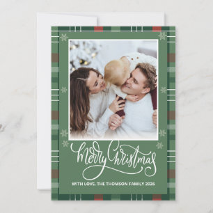 Plaid Merry Christmas Overlay Photo White Script Holiday Card