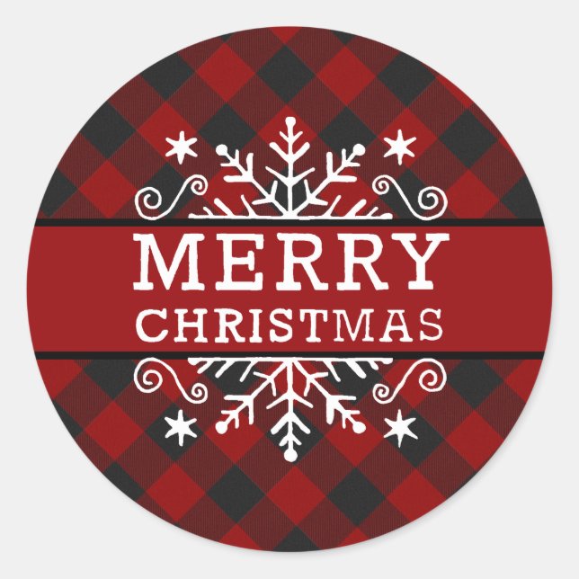 Plaid Merry Christmas snowflake  Classic Round Sticker (Front)