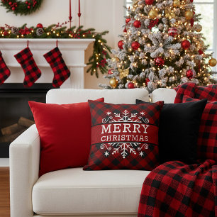Plaid Merry Christmas snowflake  Cushion