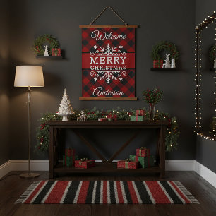 Plaid Merry Christmas snowflake Hanging Tapestry