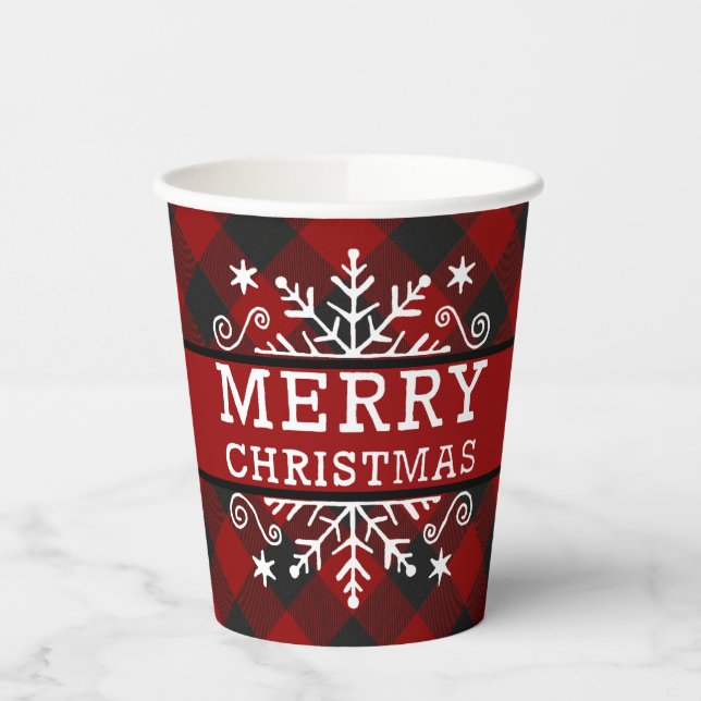 Plaid Merry Christmas snowflake  Paper Cups (Left)