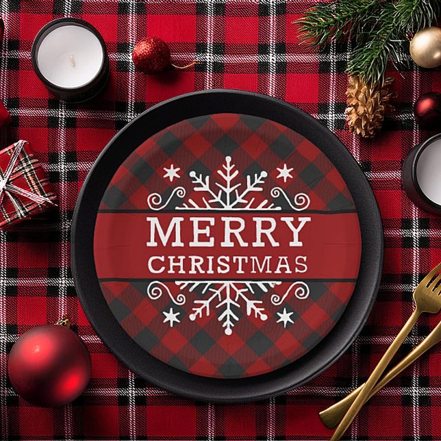 Plaid Merry Christmas snowflake  Paper Plate (Creator Uploaded)