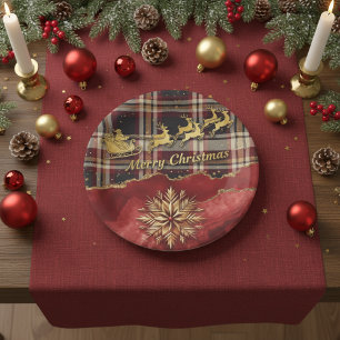 Plaid Merry Christmas with Golden Snowflake Paper Plate