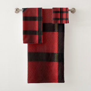 Plaid Modern Abstract Red Black Plaid Collection Bath Towel Set