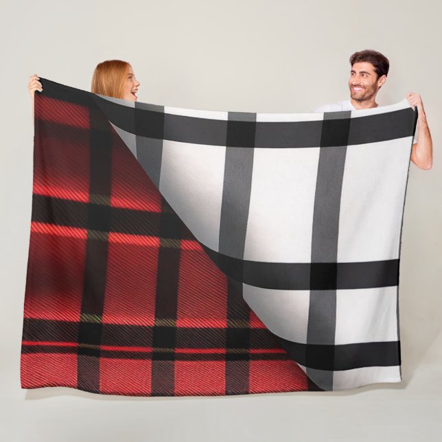 Plaid Modern Abstract Red Black Plaid Collection Fleece Blanket (In Situ)