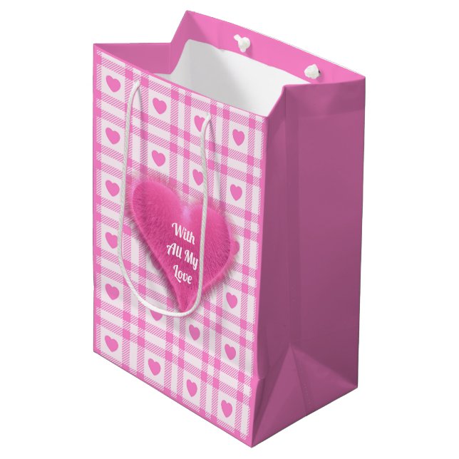 Plaid Modern Pink Heart Collection Medium Gift Bag (Front Angled)