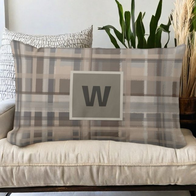 Plaid monogram beige brown tan grey farmhouse  lumbar cushion (Creator Uploaded)