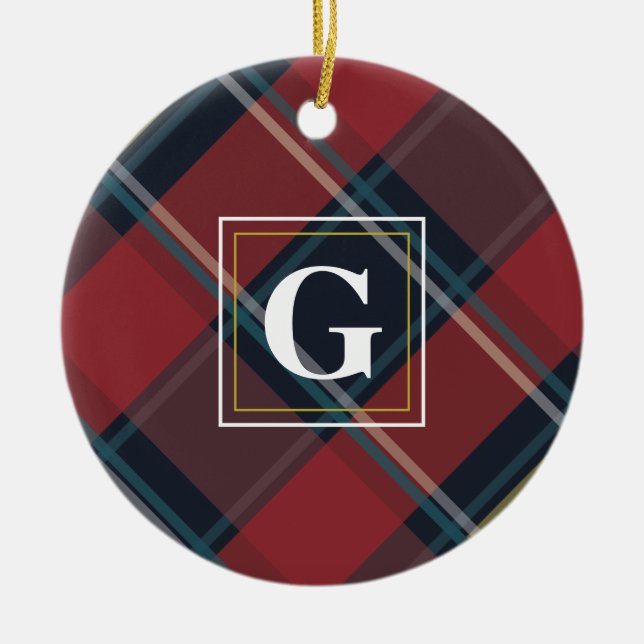 Plaid Monogram Christmas Tree Ornament (Front)