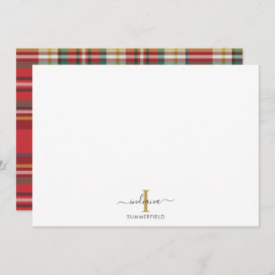 Plaid Monogram Initial Name Holiday Rustic Script Card