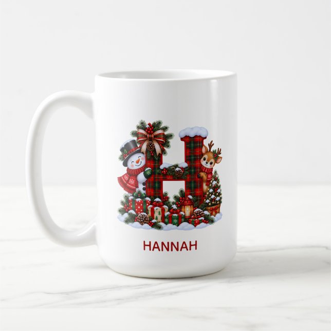 Plaid Monogram Letter H Snowman Reindeer Mug (Left)