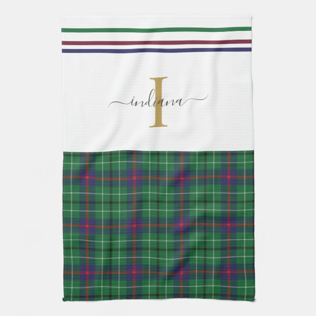 Plaid Monogram Script Tartan Rustic Custom Tea Towel (Vertical)