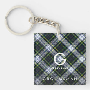 Plaid Monogram White Green Check Tartan Groomsman Key Ring