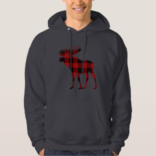 Plaid Moose Hoodie Hooded Sweatshirt Red and Black