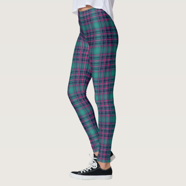 Plaid Navy Blue Teal Pink Tartan Pattern Leggings (Left)