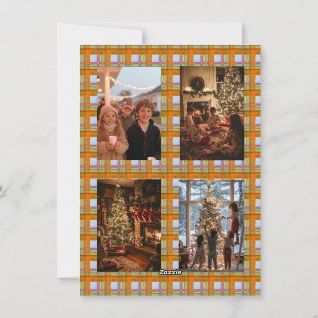 Plaid Orange Bow Garland 5 Photo Christmas   Holiday Card (Back)