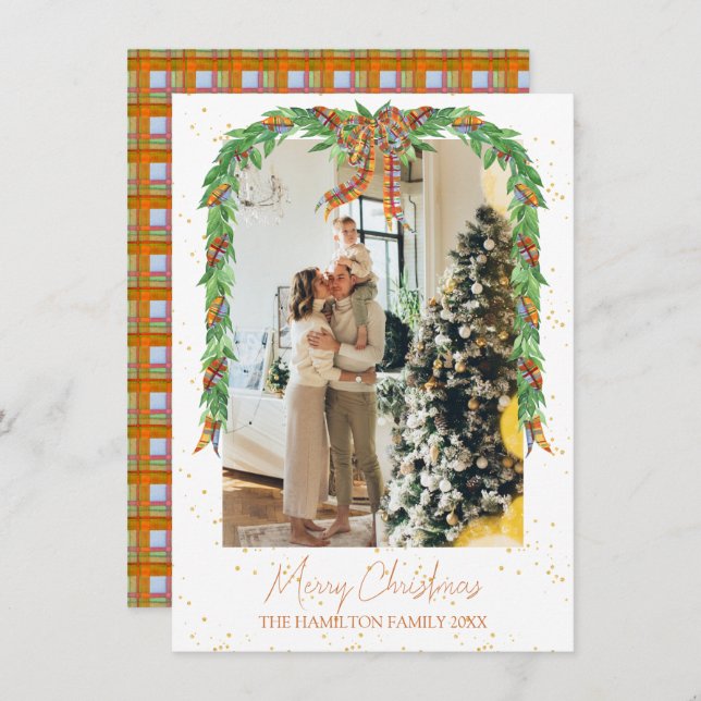 Plaid Orange Bow Garland Photo Christmas   Holiday Card (Front/Back)