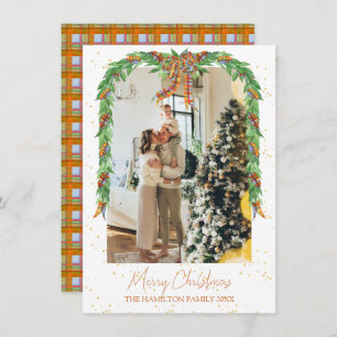 Plaid Orange Bow Garland Photo Christmas Holiday Card